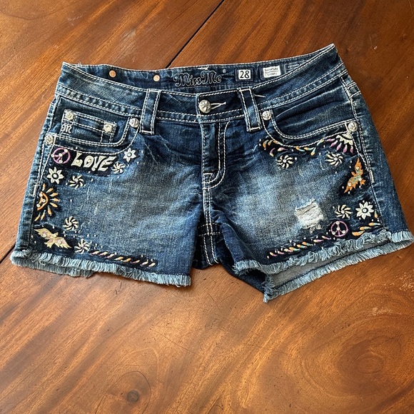 Miss Me Women's Distressed Embroidered Jean Shorts - Blue